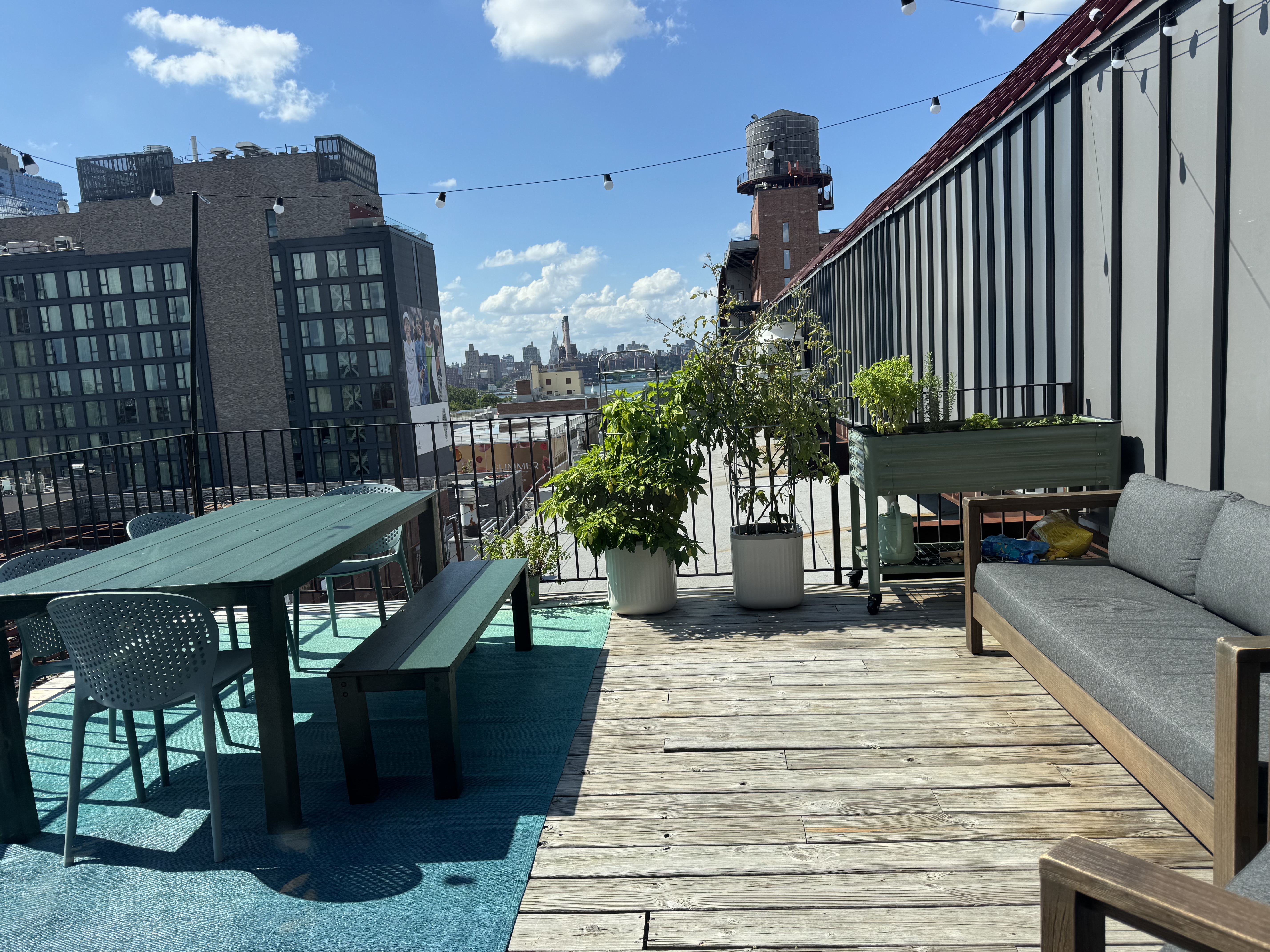 Sunny private terrace with a green dining table and bench, potted tomato and herb garden, and a classic Brooklyn water tower beyond